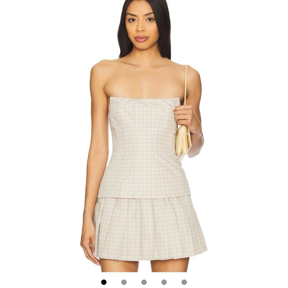 Lovers + Friends Strapless Plaid Dress in Cream and Tan